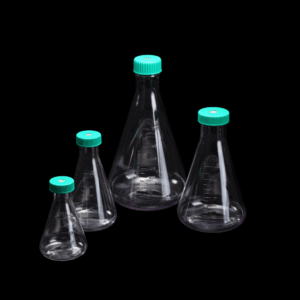 Matraz Erlenmeyer transparente de policarbonato para cultivos microbiológicos en laboratorio