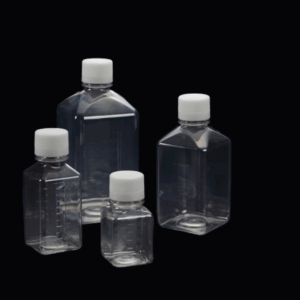 Botella para medios de laboratorio, fabricada en plástico resistente y esterilizada, ideal para almacenar y transportar reactivos y cultivos celulares.