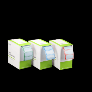 Cinta protectora de etiquetas resistente al agua, rayos UV y productos químicos, disponible en colores rojo, verde y azul.