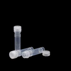 Microvial para almacenamiento de material biológico con tapón de rosca y junta tórica, junto a otras variantes del producto.