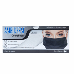 Caja con 50 cubrebocas Ambiderm de 3 pliegos con filtro antibacterial BFE ≥ 95%